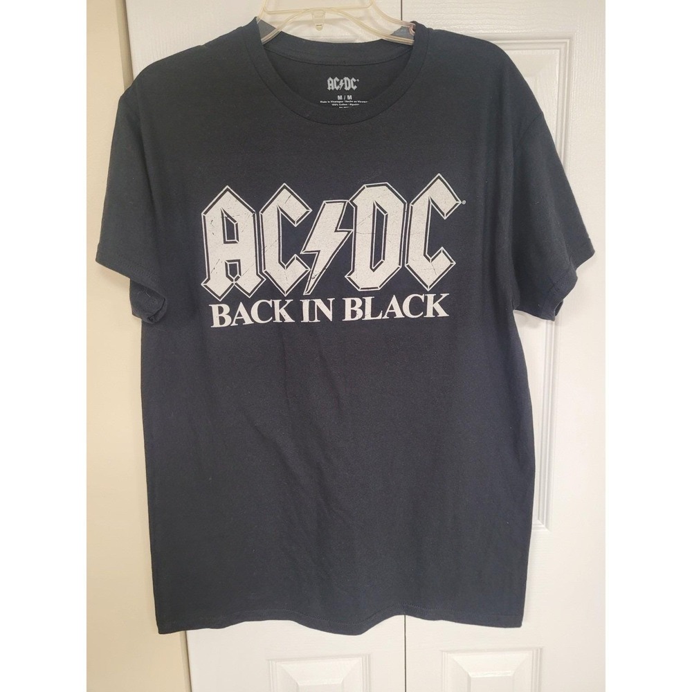 AC DC Back in Black Mens Distressed Graphic T-Shirt Rock Band Funky Size M